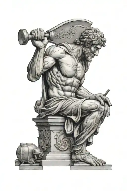 roman statue creating itself with a hammer and chisel with his bottom half being rock tattoo design idea