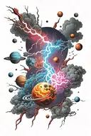 thunder storm, lightning, planets tattoo design idea