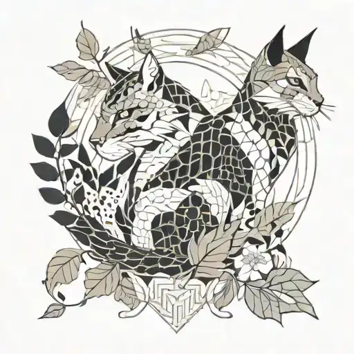 cat and dragon with leafs and birds tattoo design idea