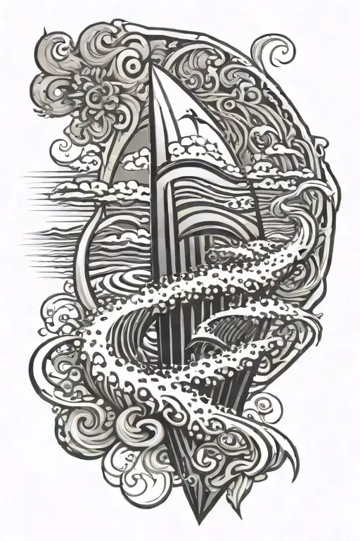 Surf Board as Border, sea with Rock and waves in the Surf board tattoo design idea