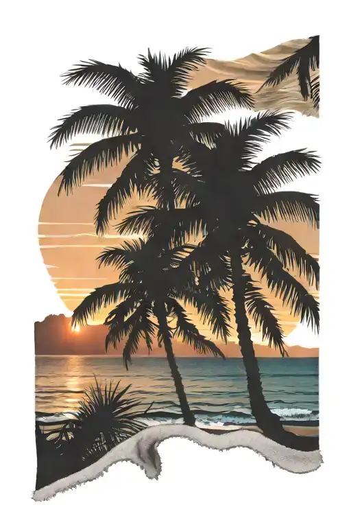sunset beach scene with palm trees and beach towel tattoo design idea