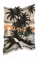 sunset beach scene with palm trees and beach towel tattoo design idea