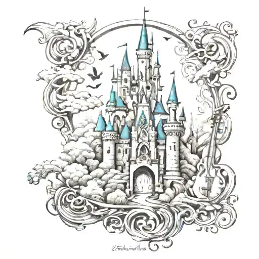 A tattoo featuring a magical Disney castle intertwined with musical instruments and outdoor scenery tattoo design idea