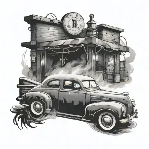 A ghostly car wash with spirits cleaning a vintage vehicle tattoo design idea