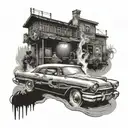 A ghostly car wash with spirits cleaning a vintage vehicle tattoo design idea