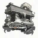 A ghostly car wash with spirits cleaning a vintage vehicle tattoo design idea