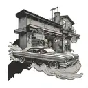 A ghostly car wash with spirits cleaning a vintage vehicle tattoo design idea