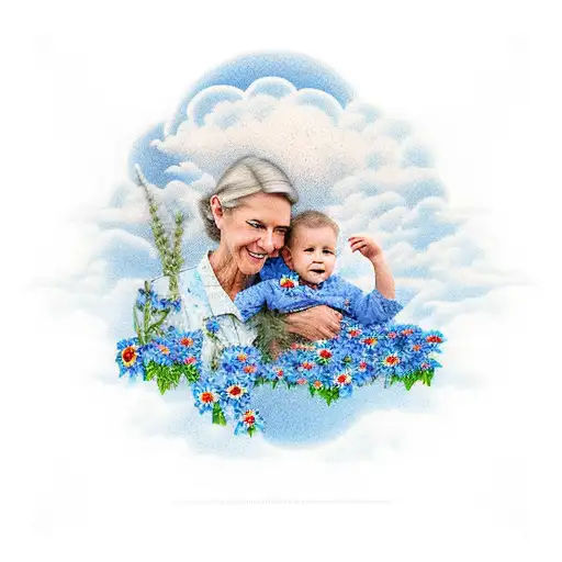 grandmother and grandson silhouette, grandson holding forget me not flowers with a sky in the background tattoo design idea