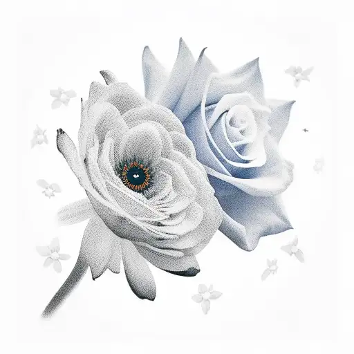 grandmother and grandson silhouette, grandson holding forget me not flowers with a sky in the background tattoo design idea