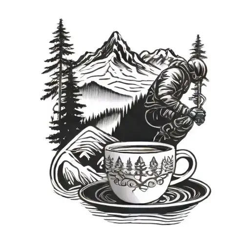 A tattoo of a skier carving down a mountain slope with a coffee cup in hand tattoo design idea