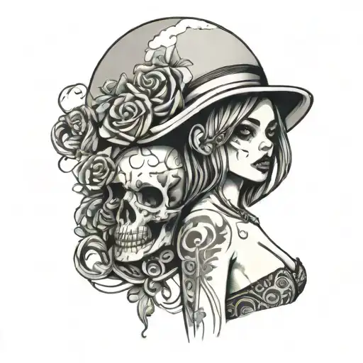 girl with skull head wearing bikini standing tattoo design idea