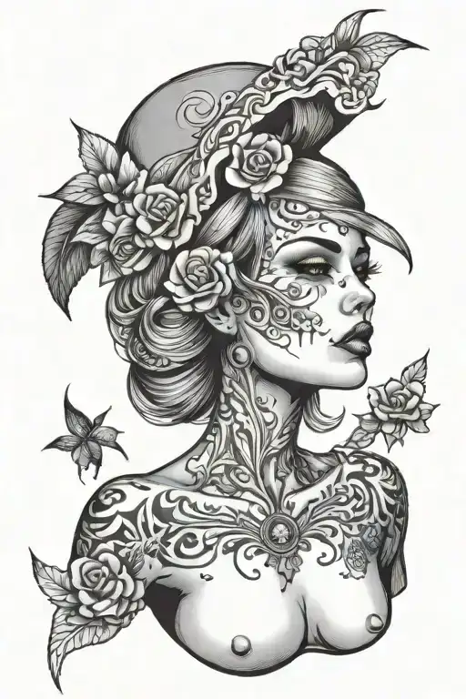 skul head girl wearing bikini standing tattoo design idea