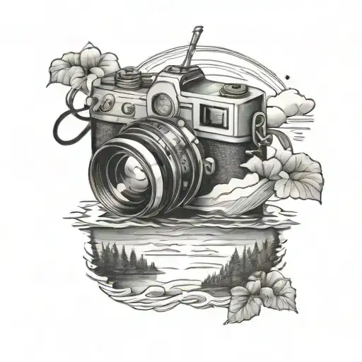camera and lake with dock extending tattoo design idea