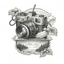 camera and lake with dock extending tattoo design idea