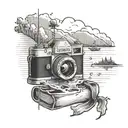 camera and lake with dock extending tattoo design idea