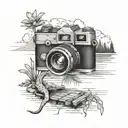 camera and lake with dock extending tattoo design idea