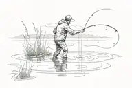man fishing. standing in water, with back against us, wearing a cap. The Line from his fishing rod spells the letter F.  tattoo design idea