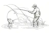 man fishing. standing in water, with back against us, wearing a cap. The Line from his fishing rod spells the letter F.  tattoo design idea
