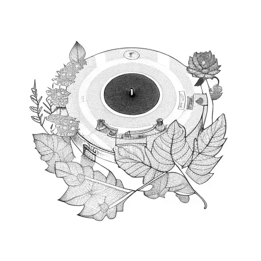 A record player with flowers and leaves growing out of it, in a minimalist style tattoo design idea