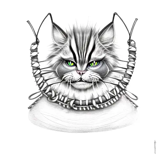 Cheshire Cat from Alice in Wonderland full body wearing a leather spiked collar and leather chest harness holding a padd tattoo design idea