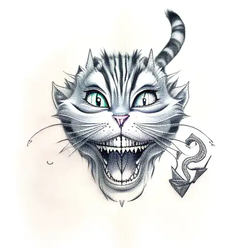 Cheshire Cat from Alice in Wonderland in human form wearing leather and holding a paddle tattoo outline  tattoo design idea