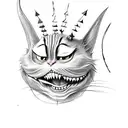 Cheshire Cat from Alice in Wonderland full body wearing a leather spiked collar and leather chest harness holding a padd tattoo design idea