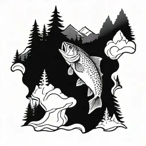 trout with mountains trees and river in it with the armor tattoo design idea