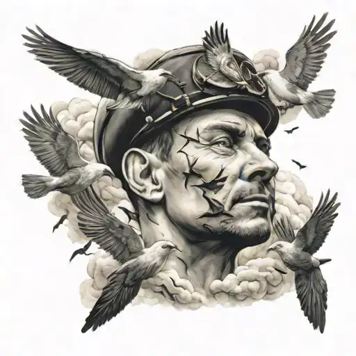 A surreal tattoo of a pilot's head morphing into a cloud, with a flock of birds flying out of the cloud formation tattoo design idea