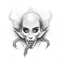 half lady and half demon face in Chicano style with smoke coming out of her mouth  tattoo design idea