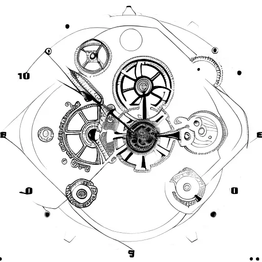 An intricate clock mechanism intertwined with gears and engineering symbols tattoo design idea