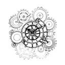 An intricate clock mechanism intertwined with gears and engineering symbols tattoo design idea