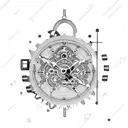 An intricate clock mechanism intertwined with gears and engineering symbols tattoo design idea