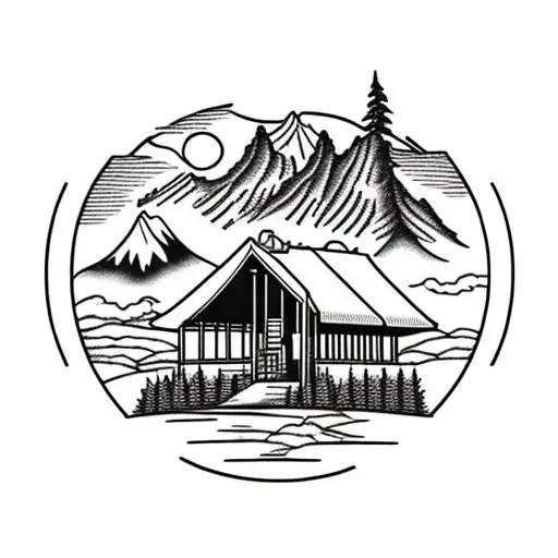 circle with field of grass and trees in the foreground, lakeside cabin in the midground, and mountains in the background tattoo design idea