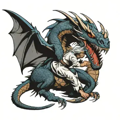 A fierce dragon grappling with a jiu-jitsu fighter in a dynamic pose tattoo design idea