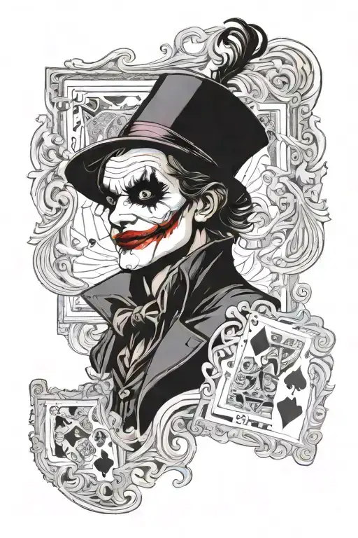 A two-faced joker, half of whose face is hidden on the playing card he holds in his hand tattoo design idea