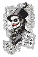 A two-faced joker, half of whose face is hidden on the playing card he holds in his hand tattoo design idea