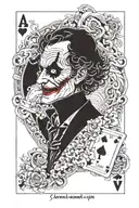 A two-faced joker, half of whose face is hidden on the playing card he holds in his hand tattoo design idea