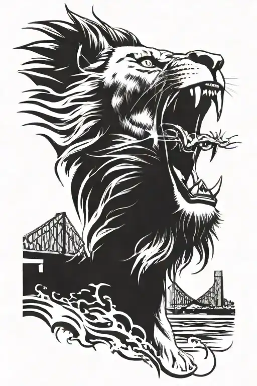 A lion roaring in front of the Sydney Harbour Bridge tattoo design idea