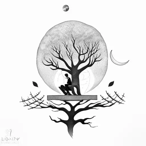 man sitting on the tree watching moon  tattoo design idea