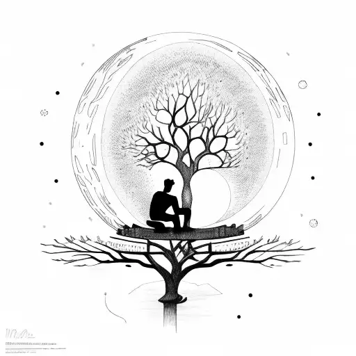 man sitting on the tree watching moon  tattoo design idea