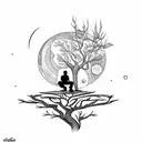 man sitting on the tree watching moon  tattoo design idea