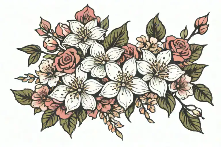 a floral arrangement including dogwood flowers, cherry blossoms, roses and bayahibe roses  tattoo design idea