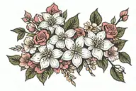 a floral arrangement including dogwood flowers, cherry blossoms, roses and bayahibe roses  tattoo design idea