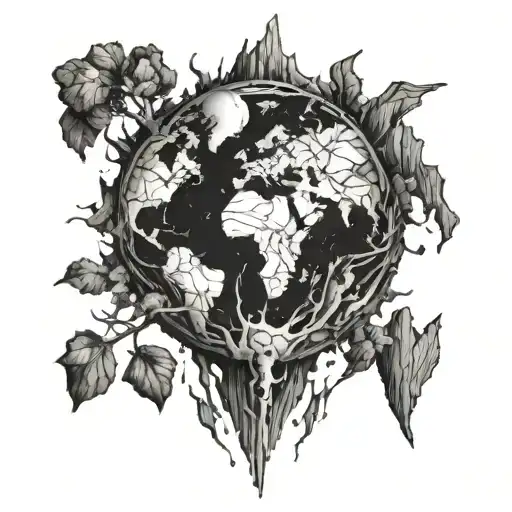 A surrealistic depiction of the earth crumbling into pieces tattoo design idea