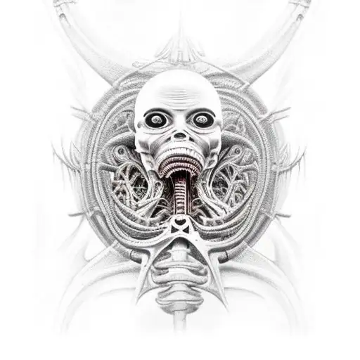 biomechanical hr giger style long narrow calf tattoo tattoo design idea