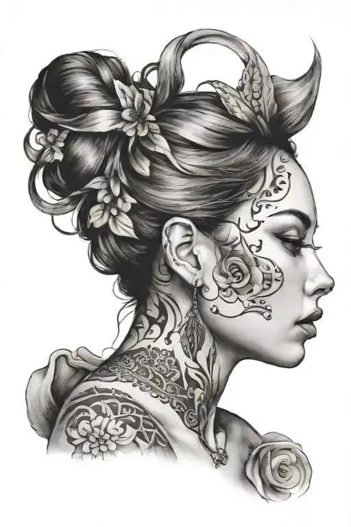 beautiful woman face, hair down , native  features, pretty, full face and hair, neck and shoulders  tattoo design idea