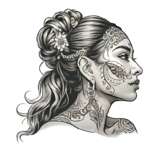 beautiful woman face, looking up, smooth skin, east  indian woman, pretty, full face and hair, neck and shoulders  tattoo design idea