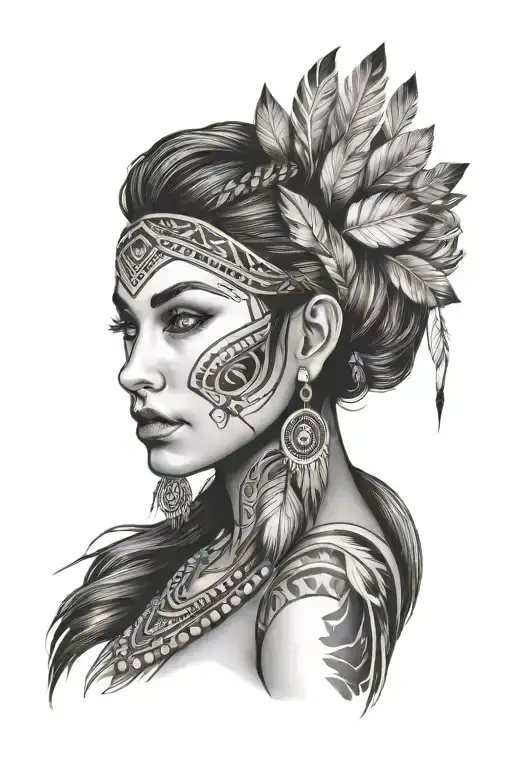 beautiful woman face, facing front , hair down , native american  features, pretty, full face and hair, neck shoulders  tattoo design idea