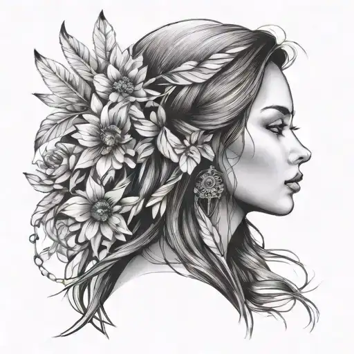 beautiful woman face, hair down , native  woman, pretty, full face and hair, neck and shoulders  tattoo design idea