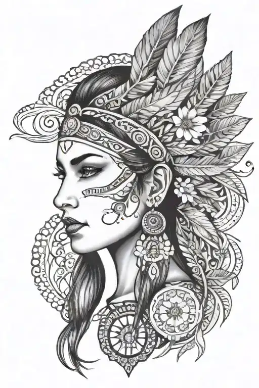 beautiful woman face, facing front , hair down , native american  features, pretty, full face and hair, neck shoulders  tattoo design idea
